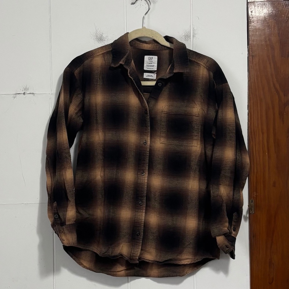 Gap Teen Kids XL 12 Brown Black Plaid Flannel Organic Cotton Button Down Shirt